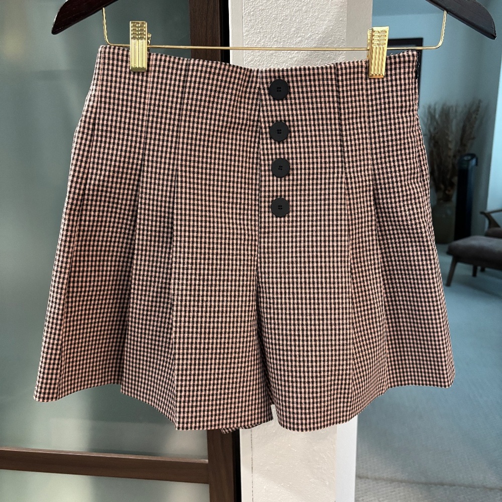 Zara Black & Pink Gingham Check Pleated Shorts - Size S - Picture 2 of 8